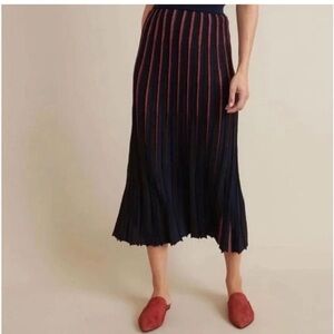 Marine Layer Penny Pleated Knit Black and Red Striped Midi Skirt